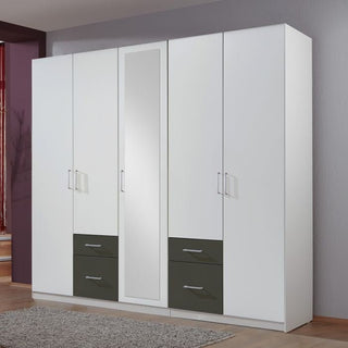 ChoiceWardrobe Fresco 225 cm 5 Door Wardrobe in White and Graphite Two Tone Finish – Modern Mirrored Wardrobe with Drawers and Hanging Rails