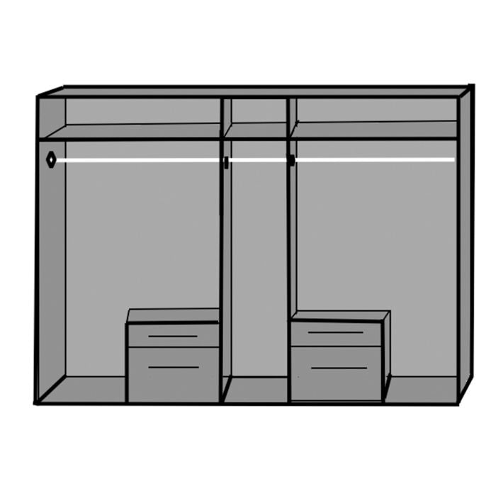 Fresco 5 door wardrobe interior layout line drawing showing hanging rails, shelves and drawers in white and graphite.