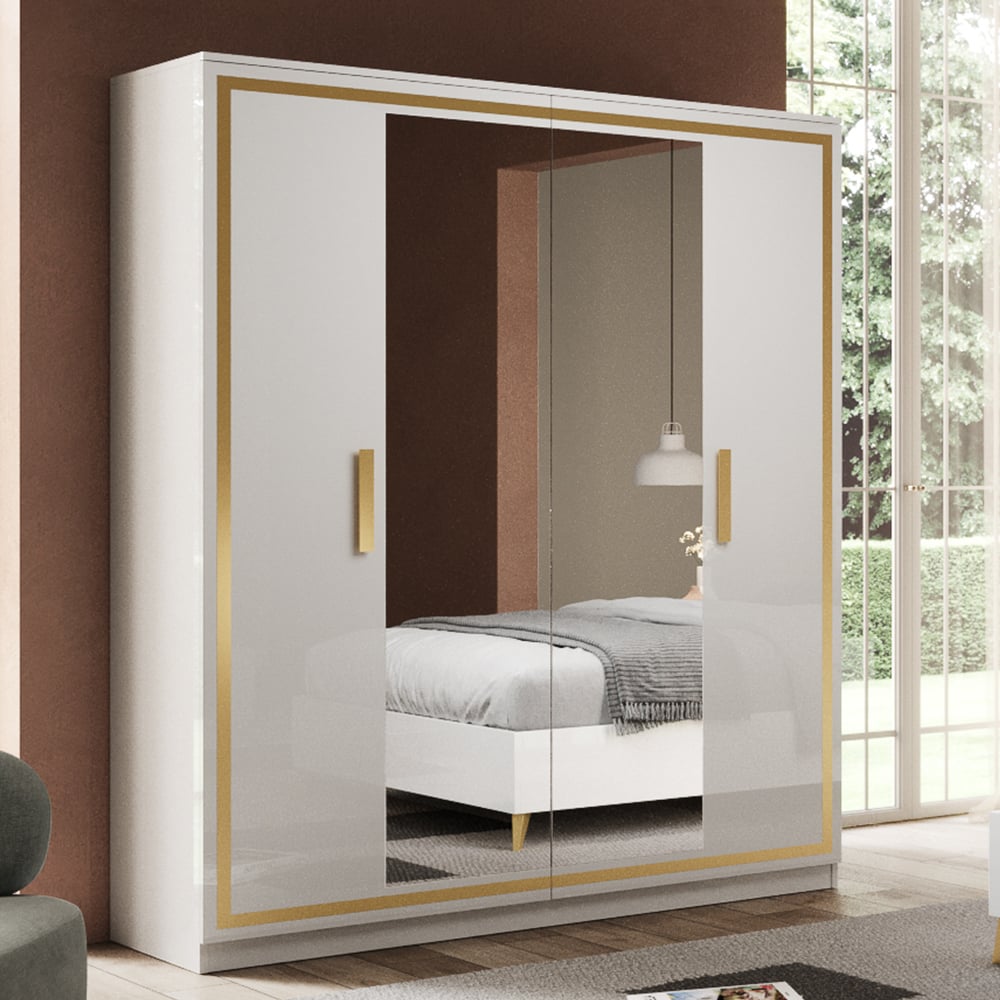CHOICEWARDROBE Geneva 4-door white high gloss wardrobe with full mirrored central doors and gold trim.