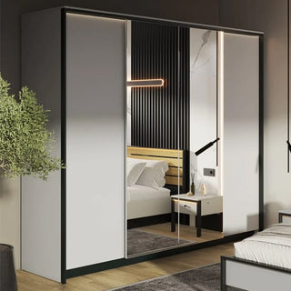 ChoiceWardrobe Genoa LED mirrored sliding wardrobe in grey, styled in a modern bedroom with integrated lighting.