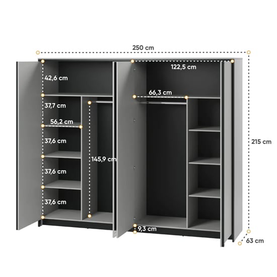 4-door grey hinged wardrobe with mirrored doors and LED lighting, 250cm W x 215cm H
