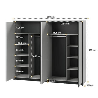 Genoa grey mirrored wardrobe 250cm with LED lighting – full dimension chart displaying storage configuration.