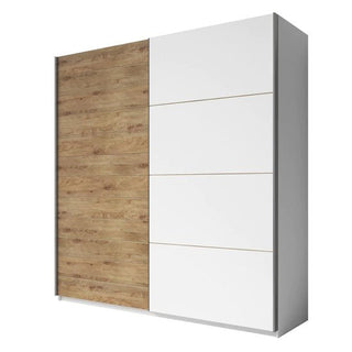 The CHOICEWARDROBE Gitega 200cm Sliding Wardrobe features two doors—oak finish and matt white with grooves—plus shelves and a hanging rail, offering a simple, minimalist design perfect for modern spaces.