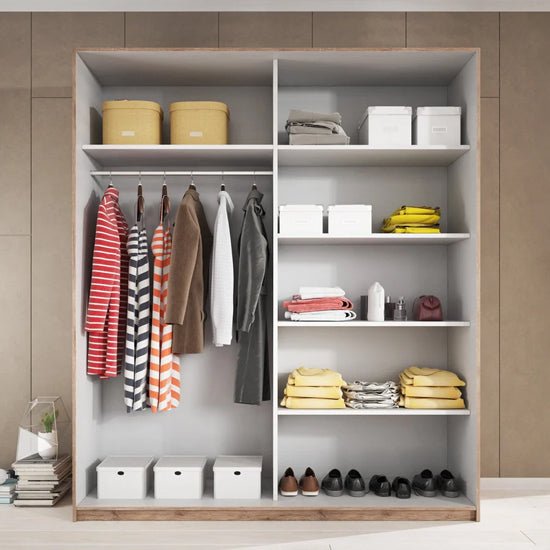 CHOICEWARDROBE Gitega 2 door sliding wardrobe in matt white and oak finish, showing shelves and hanging rail.