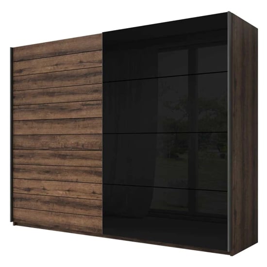 CHOICEWARDROBE Glens 270cm sliding wardrobe, monastery oak finish with black glass panels.
