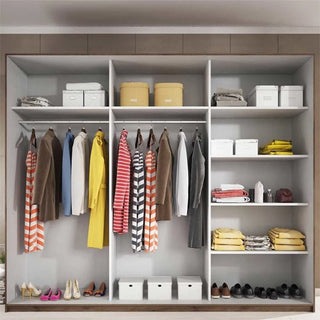 Open closet with three sections: clothes on two rods, shelves for folded items, shoes, and boxes—organized like the CHOICEWARDROBE Glens 270cm 2 Door Sliding Wardrobe in Monastery Oak finish with black glass panels.