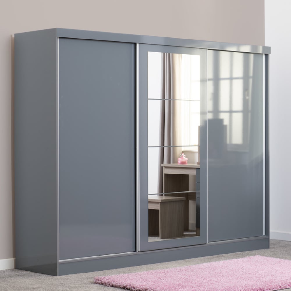 CHOICEWARDROBE grey gloss 3 door sliding wardrobe with central mirror panel