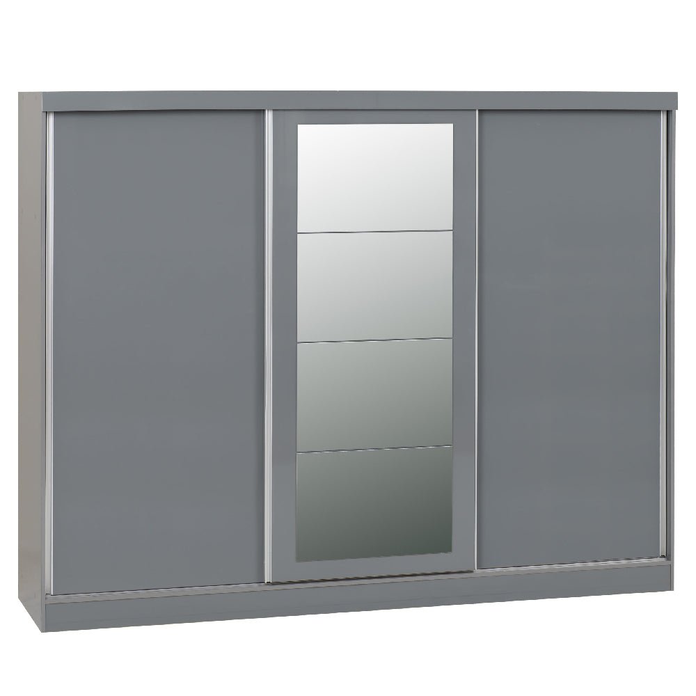 Grey gloss 3-door sliding wardrobe with central mirrored panel