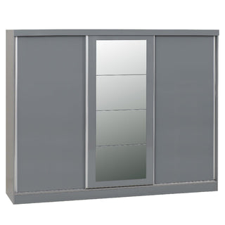 The CHOICEWARDROBE Grey Gloss 3 Door Sliding Wardrobe – 242.5cm wide – features sliding doors and a central mirrored section.