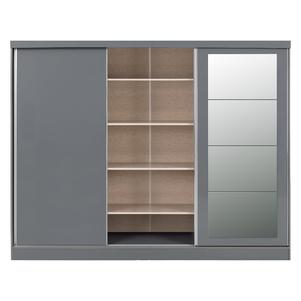 CHOICEWARDROBE 3-door grey gloss sliding wardrobe with mirrored panel and open shelves.