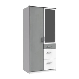 ChoiceWardrobe Grey and White 2 Door Mirrored Wardrobe – 90cm Compact Modern Bedroom Furniture with Drawers and Hanging Rail