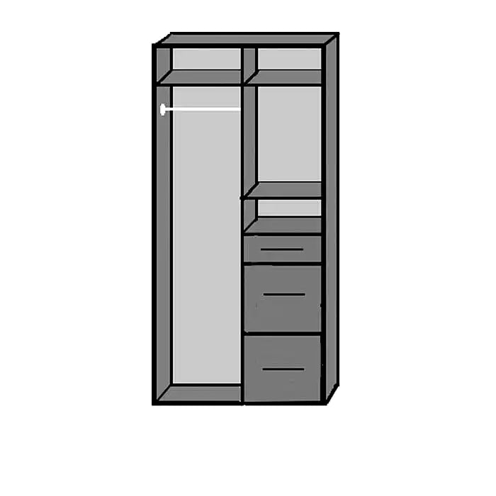 Diagram of ChoiceWardrobe grey and white 2-door wardrobe internal layout with drawers, shelf, and hanging rail.