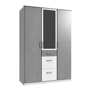 ChoiceWardrobe Grey and White 3 Door Mirrored Wardrobe – 135cm Modern Bedroom Furniture with Drawers and Hanging Space, Triple Wardrobe Design for UK Homes