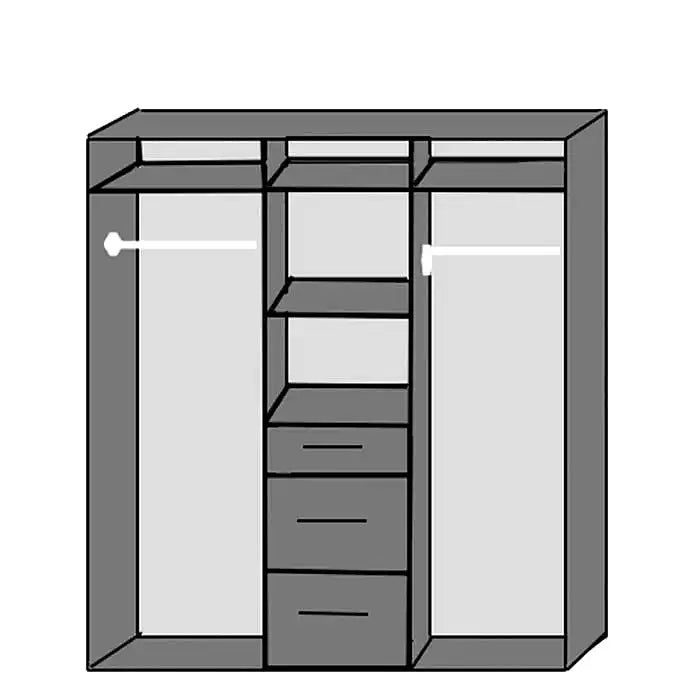 Internal layout diagram of CHOICEWARDROBE 3 door grey and white wardrobe with mirror, shelves, and drawers.