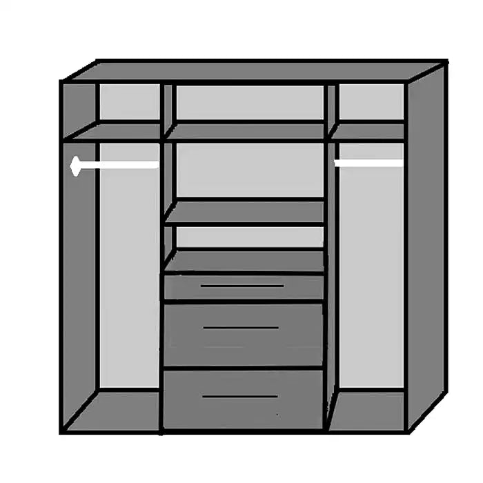 Internal layout diagram of a grey and white 4-door wardrobe showing 2 hanging rails, 3 drawers, and 4 shelves.