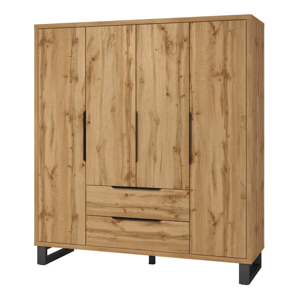 CHOICEWARDROBE Hamburg 4 door Wotan Oak wardrobe with two visible drawers and black handles.