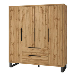 The CHOICEWARDROBE Hamburg 191cm 4 Door Wooden Wardrobe in Wotan Oak features a rustic industrial style with drawers, shelves, a hanging rail, and black handles for versatile bedroom storage.