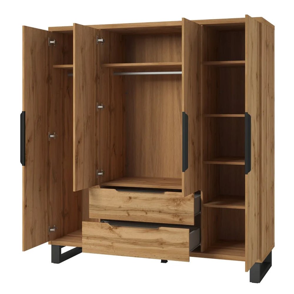 CHOICEWARDROBE Hamburg 4 door wooden wardrobe in Wotan Oak with visible drawers and shelves.