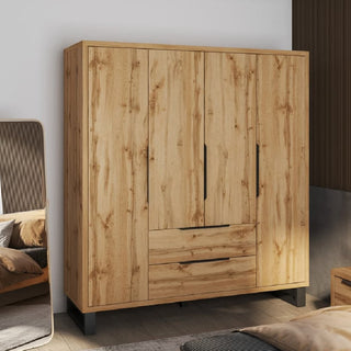The CHOICEWARDROBE Hamburg 191cm 4 Door Wooden Wardrobe in Wotan Oak features a rustic industrial design with drawers, shelves, and hanging rail, providing ample bedroom storage with its natural finish and modern black accents.