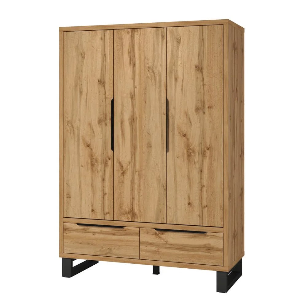 CHOICEWARDROBE Hamburg 3 door Wotan oak wardrobe with 2 drawers and black metal legs.