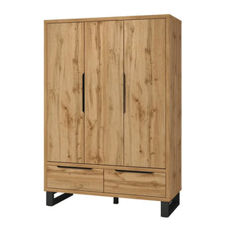 The CHOICEWARDROBE Hamburg 3 Door Wooden Wardrobe in Wotan oak finish features 2 drawers, black handles, and metal legs, combining industrial modern style with minimalist design for a stylish, functional storage solution.