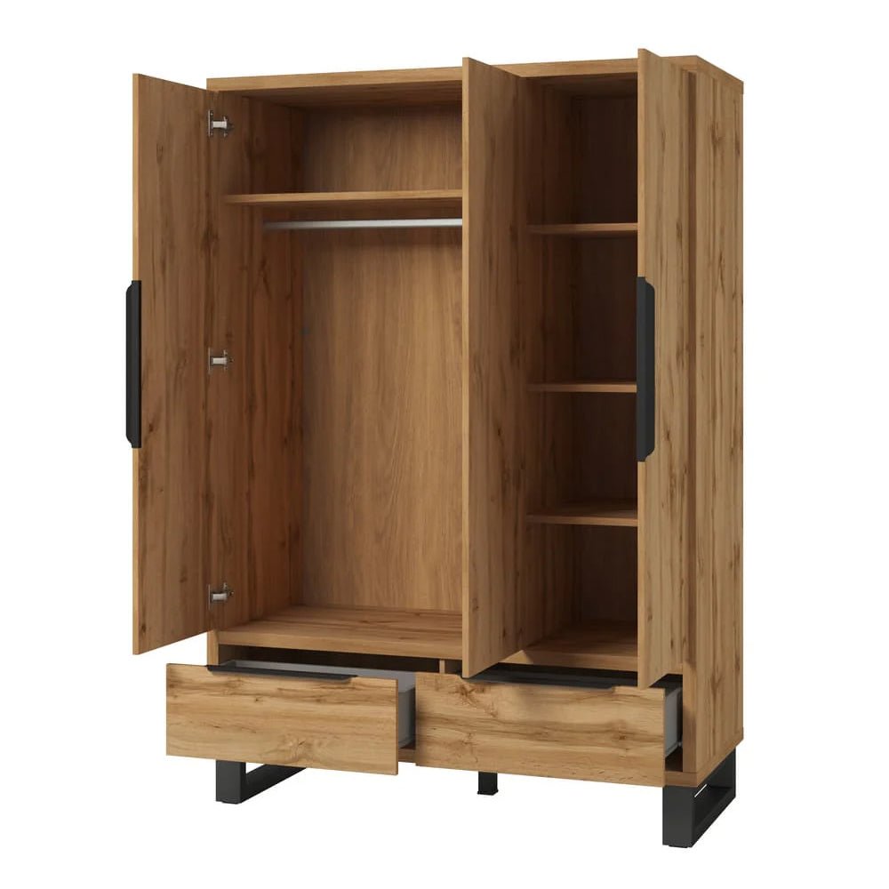 CHOICEWARDROBE 3 door Wotan Oak wardrobe with black metal legs, open doors showing hanging rail, shelves, and two drawers.