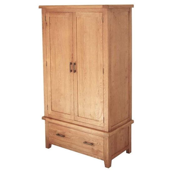 CHOICEWARDROBE Hampshire solid oak 2 door wardrobe with deep drawer, natural finish, distressed metal handles.