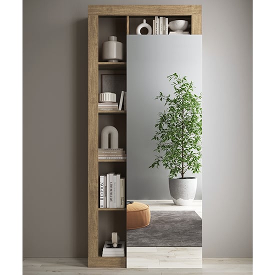 CHOICEWARDROBE Hanmer single mirrored door wardrobe in knotty oak with open side shelves.