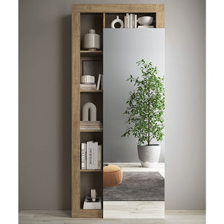 The CHOICEWARDROBE Hanmer 91cm Mirrored Single Door Wardrobe in Knotty Oak Finish with open side shelves holds books and décor, reflecting a potted plant, rug, and pouf in a modern, minimalist room.