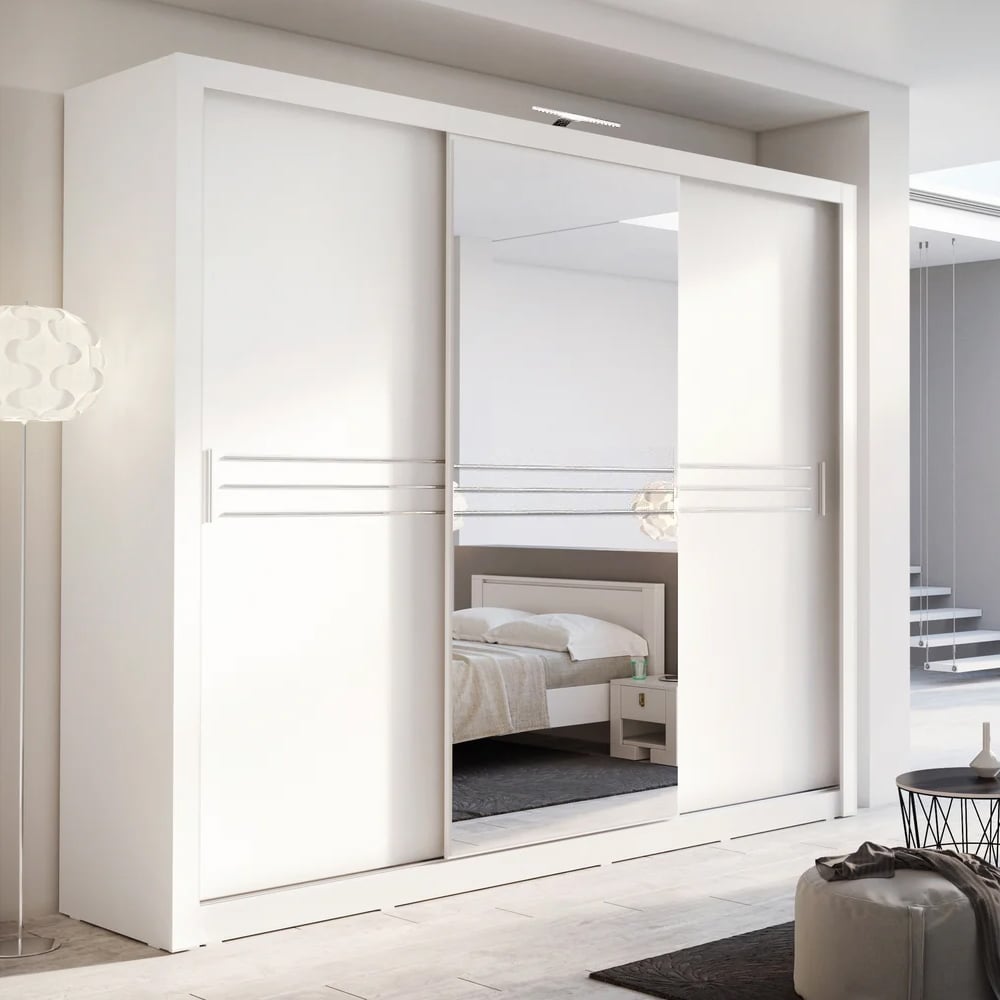 White 3-door sliding mirrored wardrobe with LED light