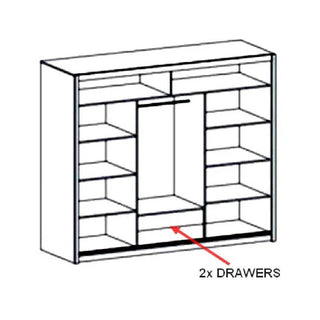A line drawing of the CHOICEWARDROBE Hanover 3 Door Sliding Mirrored Wardrobe (250cm, matt white) shows shelves, a central hanging section, and 2 drawers at the base—modern soft-close design with LED light for stylish UK bedrooms.