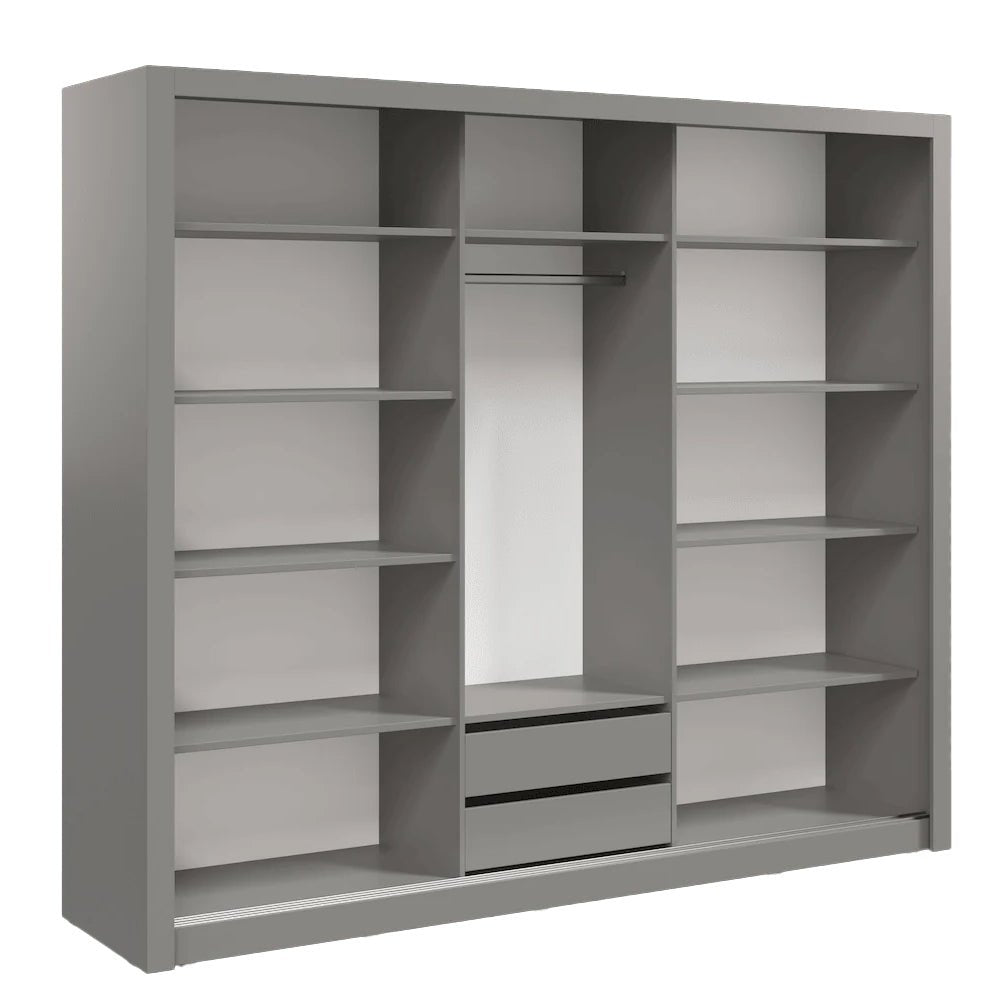 Matt grey 250cm 3-door sliding wardrobe with mirror panel, shelves, rail, and drawers.