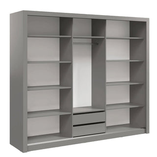 The CHOICEWARDROBE Hanover 3 Door Sliding Wardrobe with Mirror in matt grey (250cm) features multiple side shelves, two central drawers, a hanging rod above, and spacious compartments—ideal modern storage for UK bedrooms. White background.