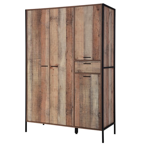 CHOICEWARDROBE Harlow 3-door wardrobe, distressed oak finish, black frame, visible drawers.