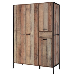 CHOICEWARDROBE Harlow 3 Door Wardrobe in Distressed Oak with Black Metal Frame – Industrial Modern Storage with Drawers