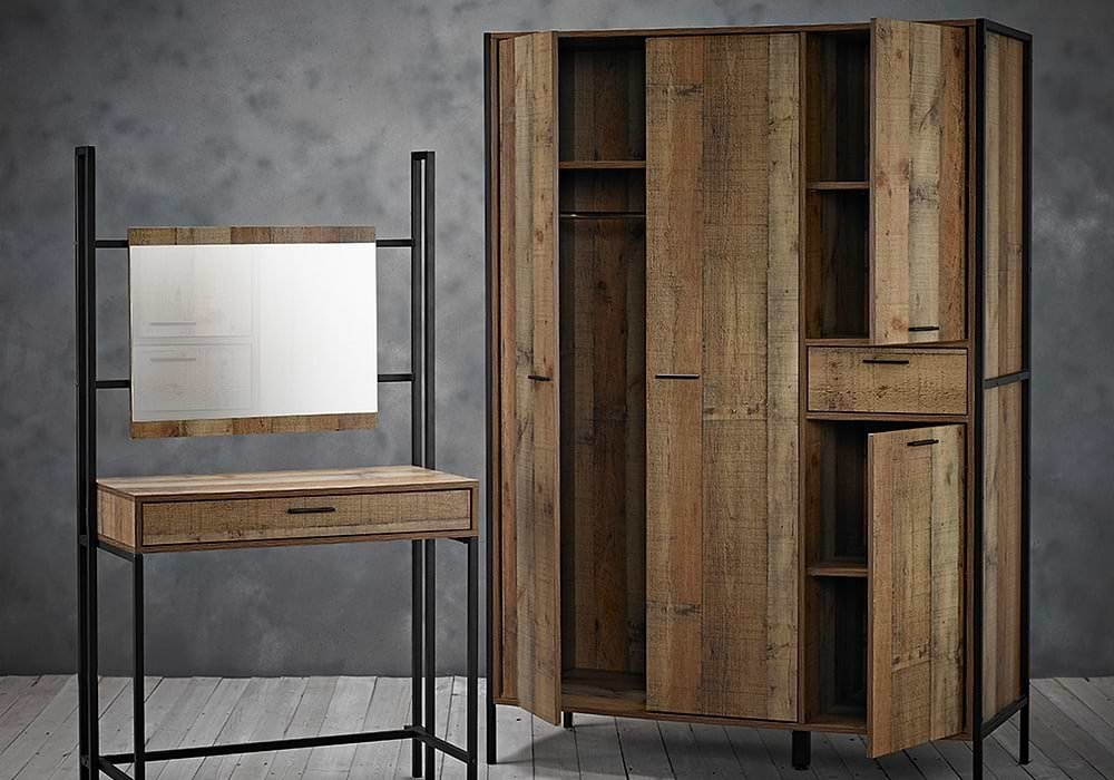 CHOICEWARDROBE industrial oak 3-door wardrobe with black frame, open doors showing interior, and visible drawers.