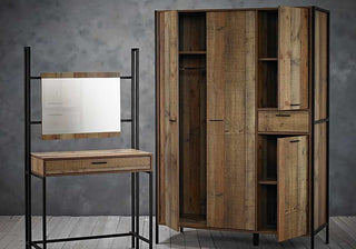 CHOICEWARDROBE Harlow Wardrobe in Distressed Oak shown in Industrial Bedroom Roomset with Full Interior Shelving & Hanging Rail