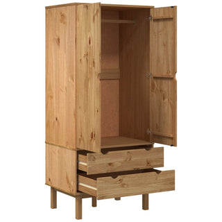 The CHOICEWARDROBE Harrow Pine 2 Door Wardrobe features a minimalist Scandinavian design with a natural wood finish, two doors opening to hanging space, and two drawers below. It stands elegantly on four legs.