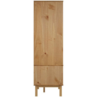 The CHOICEWARDROBE Harrow Pine 2 Door Wardrobe features a minimalist Scandinavian design in solid pine with a natural finish, visible wood grain, two drawers, and stands on four straight legs.