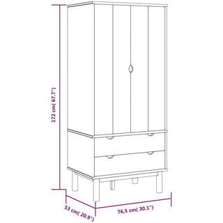 Line drawing of CHOICEWARDROBE Harrow Pine 2 Door Wardrobe—Scandinavian wooden design with 2 drawers and legs. Dimensions: 172 cm (67.7”), 53 cm (20.9”) deep, and 76.5 cm (30.1”) wide in both cm and inches.