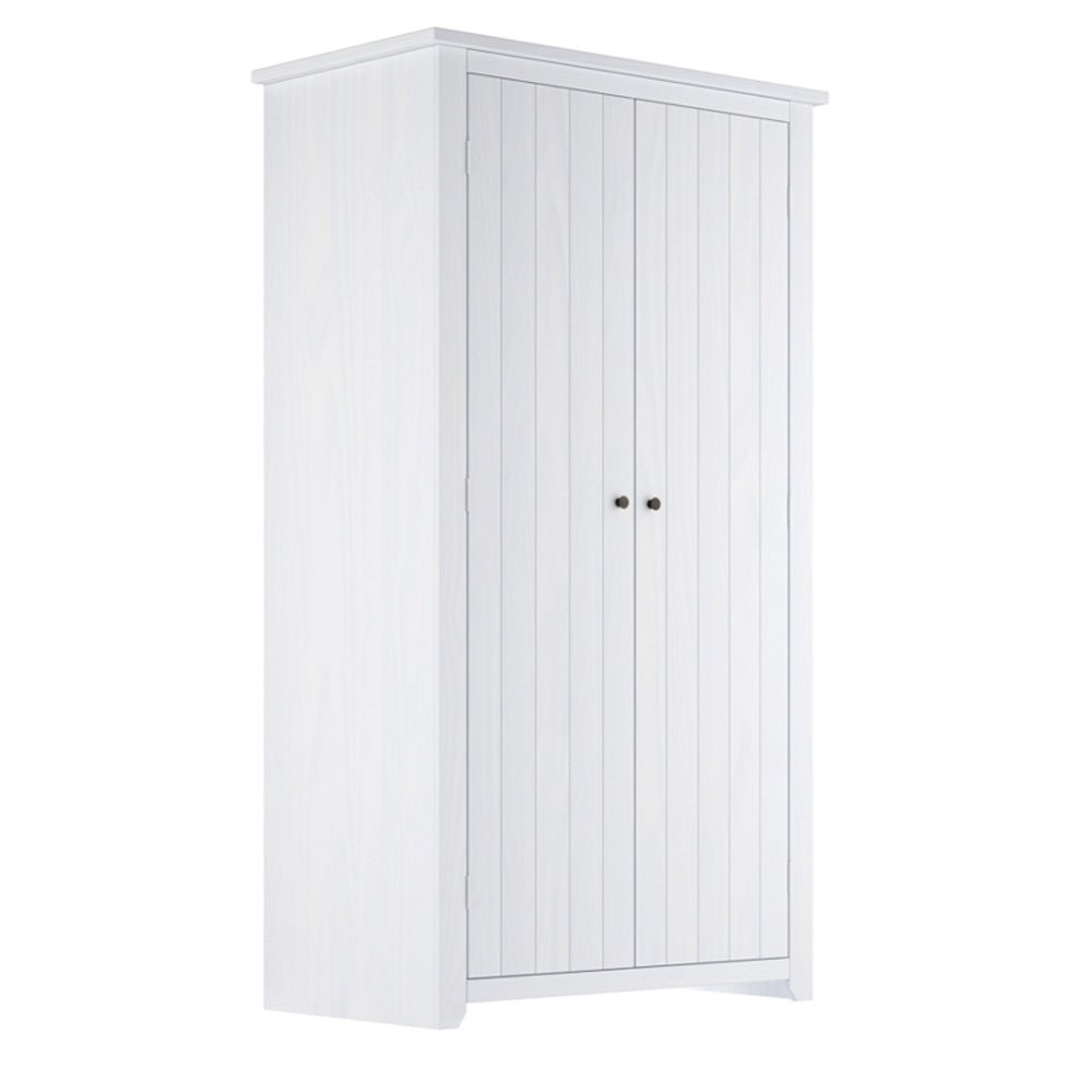 White two-door wooden wardrobe with vertical panel doors and round handles