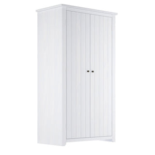 The CHOICEWARDROBE Havanan 2 Door White Wooden Wardrobe features a modern vertical panel design, simple round handles, and offers stylish bedroom storage, as shown against a plain white background.