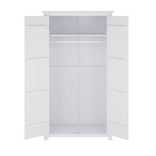 The CHOICEWARDROBE Havanan 2 Door White Wooden Wardrobe features an upper shelf, hanging rod, and spacious lower section, all finished in light wood grain with a modern vertical panel design—ideal bedroom storage furniture.