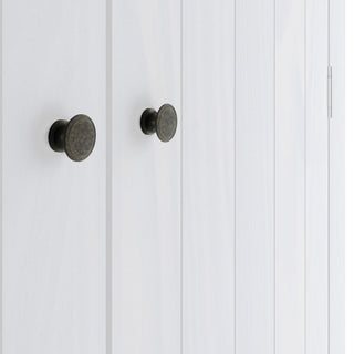 Close-up of two dark metal knobs on the CHOICEWARDROBE Havanan 2 Door White Wooden Wardrobe, featuring a modern vertical panel design, smooth surface, and visible hinge for detailed bedroom storage furniture.