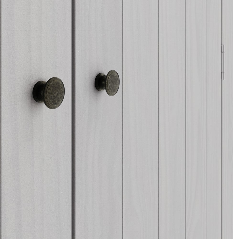 Matte grey 2-door wardrobe with vertical panels and round dark metal knobs.