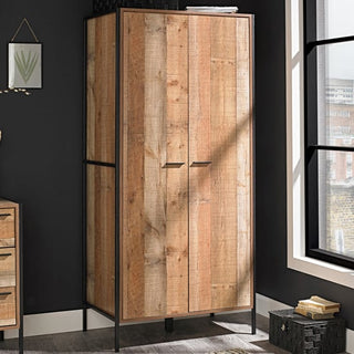 CHOICEWARDROBE Haxtun 2 Door Wooden Wardrobe in Distressed Oak Finish with Industrial Metal Frame – Front View