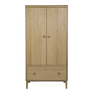 The CHOICEWARDROBE Hazel 2 Door Wooden Wardrobe features an oak finish, modern Scandinavian design, a spacious drawer, and tapered legs—perfect minimalist storage for stylish bedrooms.