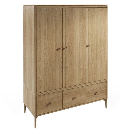 CHOICEWARDROBE Hazel natural oak 3-door wooden wardrobe with 3 lower drawers and raised legs.