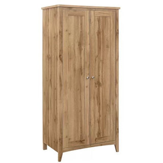 The CHOICEWARDROBE Hebron Solid Wooden Wardrobe features a classic oak finish, two doors with traditional panel design, round metal handles, and a sturdy base—an ideal 86cm-wide storage solution for any bedroom.