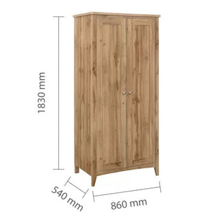 The CHOICEWARDROBE Hebron Solid Wooden Wardrobe in classic oak finish offers versatile bedroom storage with traditional panel doors, small round handles, hanging rail, and sturdy base. Size: 183cm tall, 86cm wide, 54cm deep.